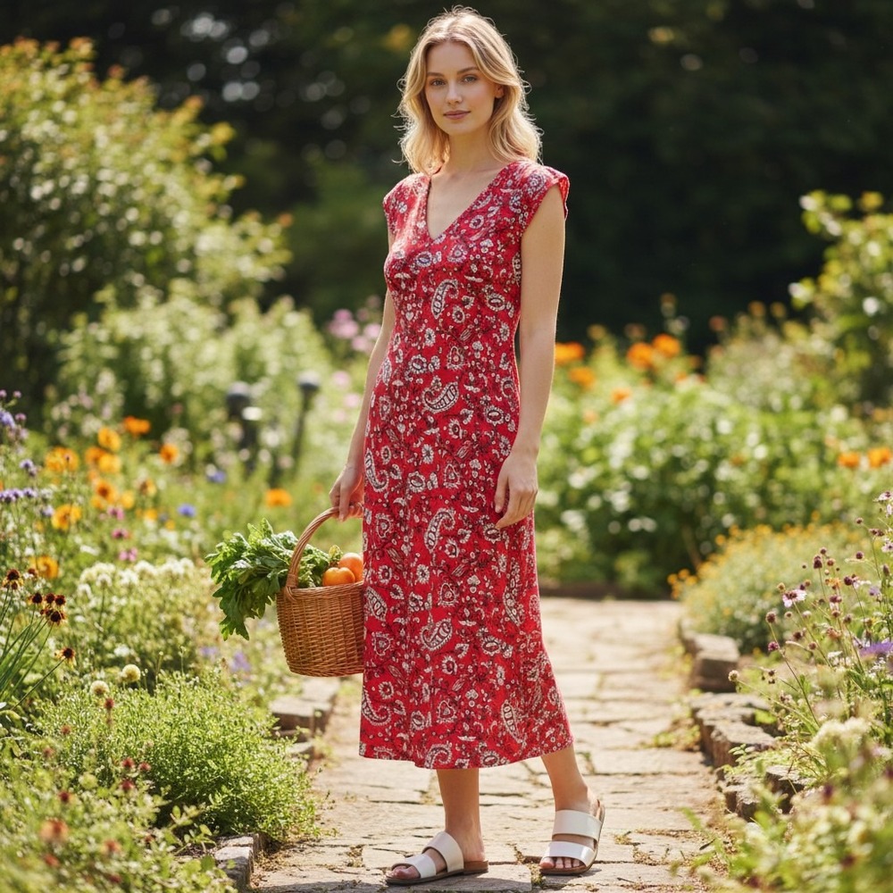 LOFT Outlet Petite Red Paisley V-Neck Cap Sleeve Midi Dress LP Floral Boho